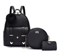 Nexum Lot de 3 mini sacs à dos pour adolescentes et filles - Joli sac à dos tendance avec pompon - Sac à bandoulière pour femme, Noir , S