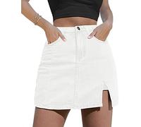 NEYOUQE Jupe en Jean pour Femmes Jupe Demi-Corps en Denim de Couleur Unie pour Femme été Nouvelle Jupe Chaude Taille Haute Cent Ouverte A-Line Jupe Courte Blanc Large