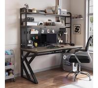 NEYTIIR Bureau Gaming avec Bibliothèque Intégrée, Bureau D'ordinateur avec Panneau Perforé, Grande Table D'écriture avec Étagères, Espace Généreux for Les Jambes(C,55.1in)