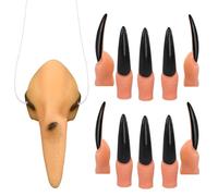 Nez de Sorciere + 10 Noir Doigt, Accessoire Sorciere Femme Nez de Sorcière avec Cordon Élastique Ongles Sorcière Latex pour Enfants Adultes Halloween Cosplay Accessoires de Déguisement de Fête