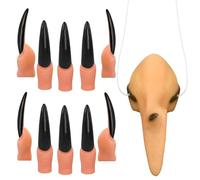 Nez de Sorciere + 10 Noir Doigt, Accessoire Sorciere Femme Nez de Sorcière avec Cordon Élastique Ongles Sorcière Latex pour Enfants Adultes Halloween Cosplay Accessoires de Déguisement de Fête
