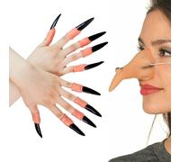 Nez de Sorcière, Nez Long de Sorcière, Long Nose Cosplay, Décorations de Nez de Sorcière, Nez Long d'halloween avec 10 Ongles de Sorcière, Ongles Vampire, Sorcière Faux Ongles pour la Fête d'halloween