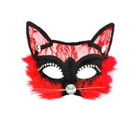 Nez Halloween Protection du visage en dentelle avec peluche chat pour adultes et protection du visage noire en peluche animale, maquillage, danse, hommes et femmes, demi-simulation du visage (rouge
