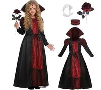 nezababy Costume de vampire pour filles - Robe de vampire avec autocollant pour dents ras-du-cou, rose, Halloween, carnaval, cosplay, déguisement de démon (taille L)