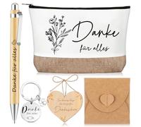 Nezyo 6 Pièces Coffret Cadeau de Remerciement pour Collègues Maîtresse Employés Cadeau d'Adieu Danke für Alles Trousse de Maquillage Stylo à Bille en Bois Porte-Clés