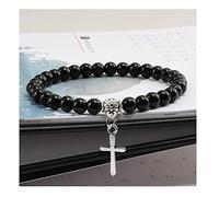 NFOQRVKW Collier Bracelets de Perles, Bracelet de Perles d' Noir Naturel, Bracelets avec Pendentif Croix en Argent, Bracelet en Cristal élastique, Bijoux en Cristal de Mode for Hommes et Femmes