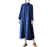 NFYM Automne Hiver Femmes Chinois Cheongsam Robe Coton Jacquard Qipao Longue Ethnique Moderne Trend Robes, bleu, Taille Unique