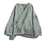 NFYM Cardigan kimono Hanten à manches longues pour femme - En coton et lin - Style rétro Hanfu, Vert, taille unique