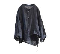 NFYM Chemise asymétrique en lin pour femme - Ourlet irrégulier - Cravate rétro - Col montant - Boutonné, noir, Taille Unique