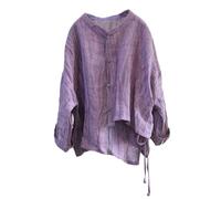 NFYM Chemise asymétrique en lin pour femme - Ourlet irrégulier - Cravate rétro - Col montant - Boutonné, violet, Taille Unique