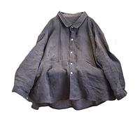 NFYM Chemise boutonnée en lin pour femme faite à la main à manches longues et col ample avec poche, gris, Taille Unique