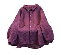 NFYM Chemise boutonnée en lin pour femme faite à la main à manches longues et col ample avec poche, violet, Taille Unique