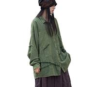 NFYM Chemise en coton et lin à manches longues pour femme - Patchwork effiloché irrégulier - Tunique décontractée, vert, Taille Unique