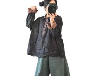 NFYM Chemise Henley 100 % lin imprimé à manches longues faite à la main avec bouton noué décontracté pour femme, noir, Taille Unique