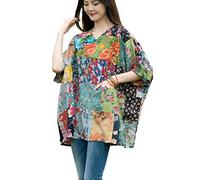 NFYM Chemisier bohème vintage patchwork décontracté à manches courtes avec poches pour femme, vintage, taille unique