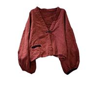 NFYM Chemisier court en lin à manches longues et col en V pour femme, rouge foncé, Taille Unique