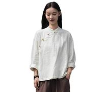 NFYM Chemisier en coton et lin pour femme - Manches longues - Style rétro chinois - Coupe ample, blanc, Taille Unique