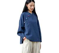 NFYM Chemisier en coton et lin pour femme - Manches longues - Style rétro chinois - Coupe ample, bleu marine, Taille Unique