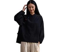 NFYM Chemisier en coton et lin pour femme - Manches longues - Style rétro chinois - Coupe ample, noir, Taille Unique