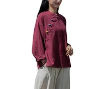 NFYM Chemisier en coton et lin pour femme - Manches longues - Style rétro chinois - Coupe ample, rouge vin, Taille Unique
