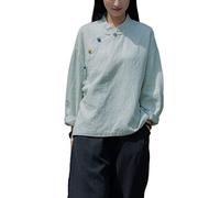 NFYM Chemisier en coton et lin pour femme - Manches longues - Style rétro chinois - Coupe ample, Vert pois, Taille Unique