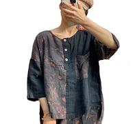 NFYM Chemisier Henley en lin à manches courtes pour femme - Haut décontracté et ample avec une poche, noir, Taille Unique