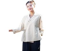 NFYM Chemisier kimono en coton et lin pour femme, ouvert sur le devant, style asiatique Hanfu, lin, Taille Unique