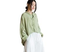 NFYM Chemisier rétro boutonné à manches longues pour femme Style chinois Coupe ample, vert, Taille Unique