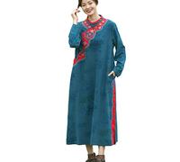 NFYM Cheongsam Qipao Ao Dai Robe brodée Asiatique Mandarine Col Fente Latérale Longue Robe Décontractée, bleu paon, Taille M