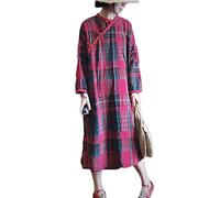 NFYM Cheongsam Robe chinoise à manches longues pour femme Motif floral Qipao, écossais rouge, Taille Unique