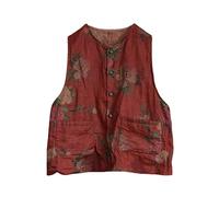 NFYM Gilet léger en lin pour femme fait à la main avec nœud boutonné imprimé sans manches avec poches, rouge profond, taille unique