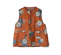 NFYM Gilet matelassé léger en coton et lin imprimé printemps vintage pour femme, Orange, taille unique