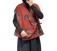 NFYM Gilet sans manches doublé en coton pour femme Imprimé floral Printemps Automne Vintage Outwear Tops, Rouge, Taille Unique