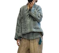 NFYM Hanfu/Hanten Veste en coton pour femme Manteau enveloppant sur le devant Haut Bas Irrégulier Lin Chaud Matelassé Court Vêtements d'extérieur avec pompon, vert, taille unique