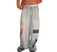 NFYM Jean court patchwork effiloché pour femme - Taille élastique - Jambe large avec poches, blanc/bleu, Taille Unique