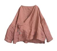 NFYM Kimono Hanten pour femme - Cardigan à manches longues avec devant noué en coton et lin - Costume rétro Hanfu - Chemise irrégulière, orange foncé, One Size