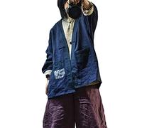 NFYM Manteau ample en coton et lin pour femme - Style rétro - Motif grenouille - Poches à boutons - Outerwear, bleu foncé, taille unique