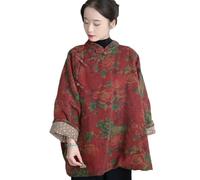 NFYM - Manteau chinois à col montant avec motif floral - Style cheongsam traditionnel - Boutons grenouilles - Coupe ample rembourrée pour femmes, Fleur - Rouge, One Size Plus