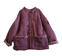 NFYM Manteau d'hiver court matelassé léger pour femme - En coton et lin - Avec poches, rouge vin, taille unique