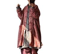 NFYM Manteau en lin de coton pour femmes, coupe ample, coupe-vent boutonné à imprimé vintage, style rétro, avec poches, Rouge, One Size