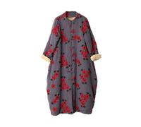 NFYM Manteau long doublé en polaire pour femme - Style bohème - Motif floral brodé - Long manteau d'hiver chaud, gris, taille unique
