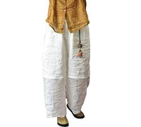 NFYM Pantalon court en lin à jambes larges pour femme - Patchwork - Taille élastique - Décontracté - Protection solaire - Pantalon ample et fin, blanc, Taille Unique