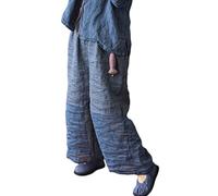 NFYM Pantalon court en lin pour femme - Coupe large - Patchwork - Taille élastique - Décontracté - Protection solaire - Coupe ample, bleu marine, Taille Unique