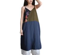 NFYM Robe d'été à bretelles en coton et lin avec imprimé floral pour femme, Patchwork bleu, Taille Unique