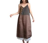 NFYM Robe d'été à bretelles en coton et lin avec imprimé floral pour femme, Patchwork café, taille unique