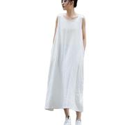 NFYM Robe d'été sans manches en coton et lin pour femme, tunique débardeur à la plage, vacances longue ceinture avec poche, blanc, Taille Unique