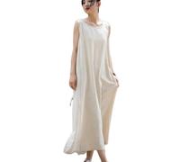 NFYM Robe d'été sans manches en coton et lin pour femme, tunique débardeur à la plage, vacances longue ceinture avec poche, lin, Taille Unique