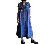 NFYM Robe d'été vintage à manches courtes avec poches en patchwork batik tie dye, Lin bleu., Taille Unique