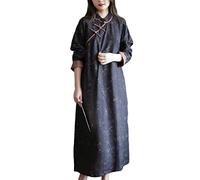 NFYM Robe en lin à manches longues pour femme - Style rétro ethnique - Imprimé floral - Style décontracté, noir, Taille Unique