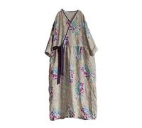 NFYM Robe en lin pour femme, décontractée, ample, bohème, floral, couleur contrastée, ceinture nouée, robe longue avec poches, Ceinture violette, Taille Unique
